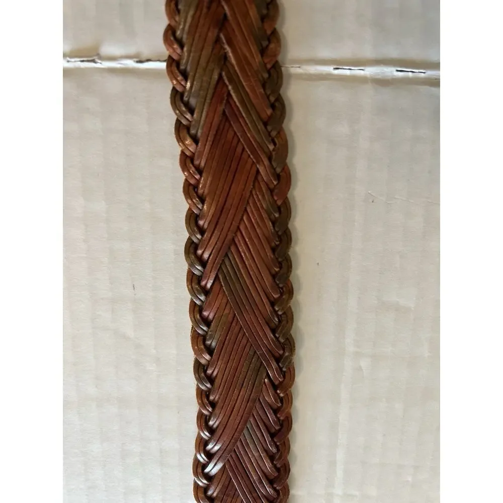 Vtg Mens Braided Belt Brown Variegated Leather Solid Brass Buckle Casual Sz 36